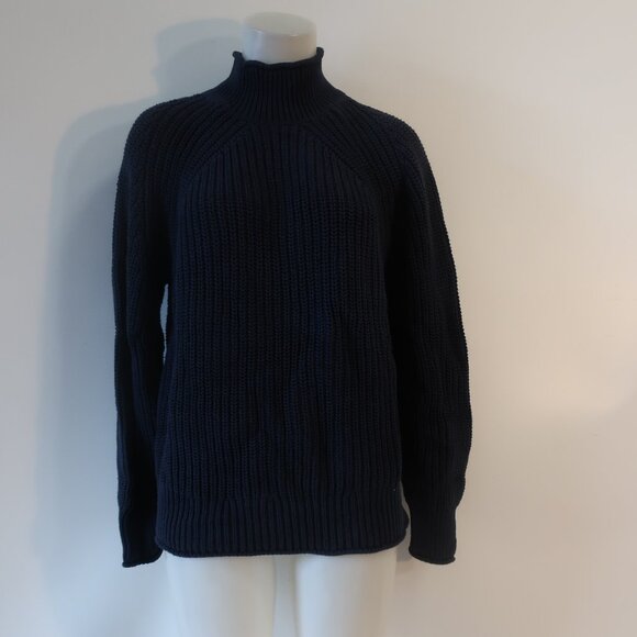 Womens J. Crew Navy Blue Mock Neck Chunky Knit Sweater L - Picture 1 of 8